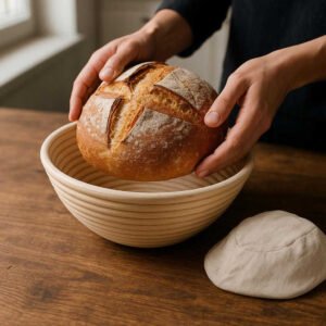 Brødkurv i Rattan - Håndflettet Serveringskurv til Brød og Bagværk med Naturligt Udtryk: A realistic kitchen setting where the Brødkurv i Rattan is properly grounded on a wooden table, being actively used to serve freshly baked bread.