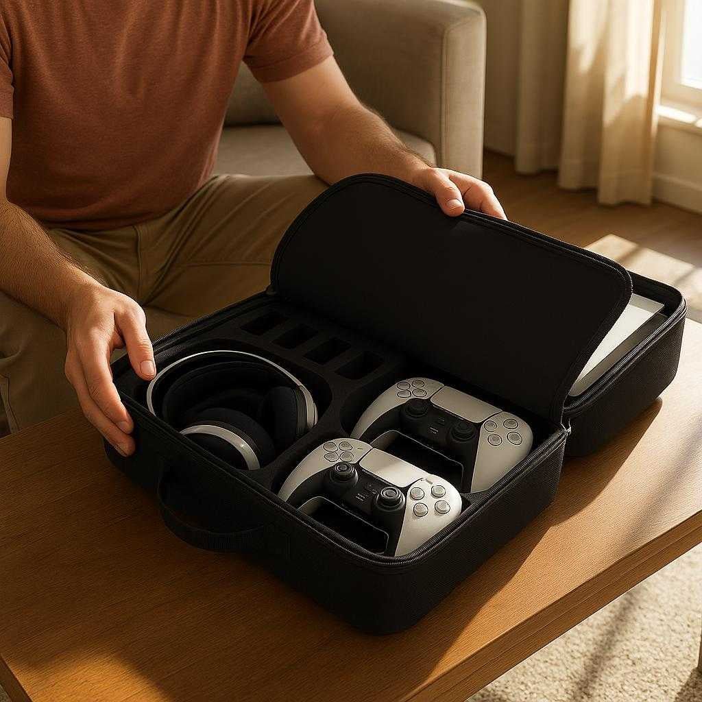 bre-taske-i-nylon-og-skumgummi-til-ps5-sortering_15378300436867_scene1 Bære taske i nylon og skumgummi til PS5 - Sortering, Grå - Høj kvalitet: A realistic living room setting where the nylon and foam case is properly grounded on a coffee table, being opened by a person's hands to reveal the organized PS5 components inside.