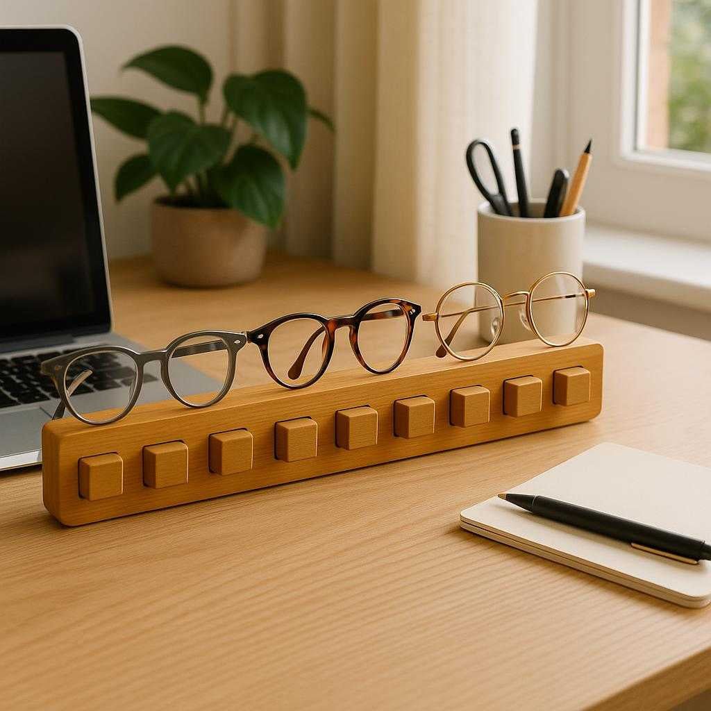 brilleholder-i-bambus-naturlig-trfarve-op-til-8_15240215265667_scene1 Brilleholder i Bambus - Naturlig Træfarve, Op til 8 Par Briller, Funktionel Opbevaring: A realistic home office setting where the brilleholder i bambus is properly grounded on a modern wooden desk, being actively used with various stylish glasses placed on its slots, complementing a laptop and stationary items.