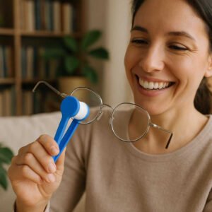 Brillerensebørste med dobbeltbørstehoved - Effektiv rengøring til alle briller i blå, grøn, orange og rød. The brush is in action, being used to clean a pair of glasses under soft, natural light, with a person smiling in satisfaction at their spotless lenses in a cozy reading nook filled with books and plants.