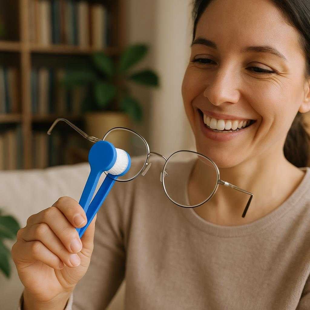 brillerensebrste-med-dobbeltbrstehoved-effektiv-rengring-til-alle-briller-i-bl-grn-orange-og-rd-the-brush-is-in-action_15234953085315_scene1 Brillerensebørste med dobbeltbørstehoved - Effektiv rengøring til alle briller i blå, grøn, orange og rød. The brush is in action, being used to clean a pair of glasses under soft, natural light, with a person smiling in satisfaction at their spotless lenses in a cozy reading nook filled with books and plants.