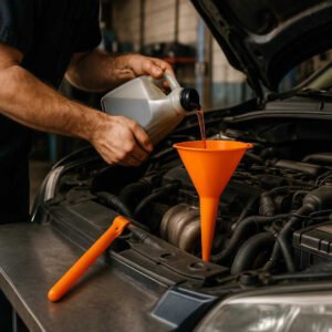 Brændstof Tragt Lang Tud - Orange, Holdbar Plast - Præcis Påfyldning, Bilpleje: A realistic automotive garage setting where the orange funnel is properly grounded on a metal workbench, being actively used by a mechanic to pour oil into a car engine.