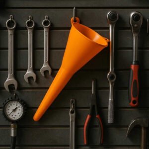 Brændstof Tragt med Lang Tud - Præcis, Drypfri, og Holdbar Plastikkonstruktion. The durable orange funnel is shown in a garage setting, neatly hanging on a tool rack beside various automotive tools, highlighting organized and efficient workspace maintenance.