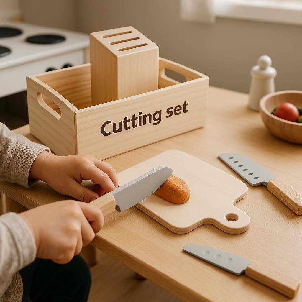 brnelegetj-i-tr-pdagogisk-aktivitetslegetj-med-f_15061933261187_scene1 Børnelegetøj i træ - Pædagogisk aktivitetslegetøj med farverige former og figurer i flere varianter: A realistic kitchen play area where the wooden cutting set is properly grounded on a child-sized play table, actively used by small hands as a child pretends to prepare a meal with the toy knives and cutting board.