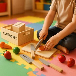 Børnelegetøj i træ - Pædagogisk aktivitetslegetøj med farverige former og figurer i flere varianter: A different realistic setting in a children's playroom where the cutting set is securely positioned on a colorful floor mat, naturally placed with toy fruits and vegetables spread around.
