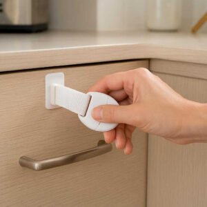 Børnesikring til skabe og vinduer - Justerbare sikkerhedslåse til hjem med små børn: A realistic kitchen setting where the product is properly grounded on a lower cabinet door, being actively used by a hand that is gently testing the lock.
