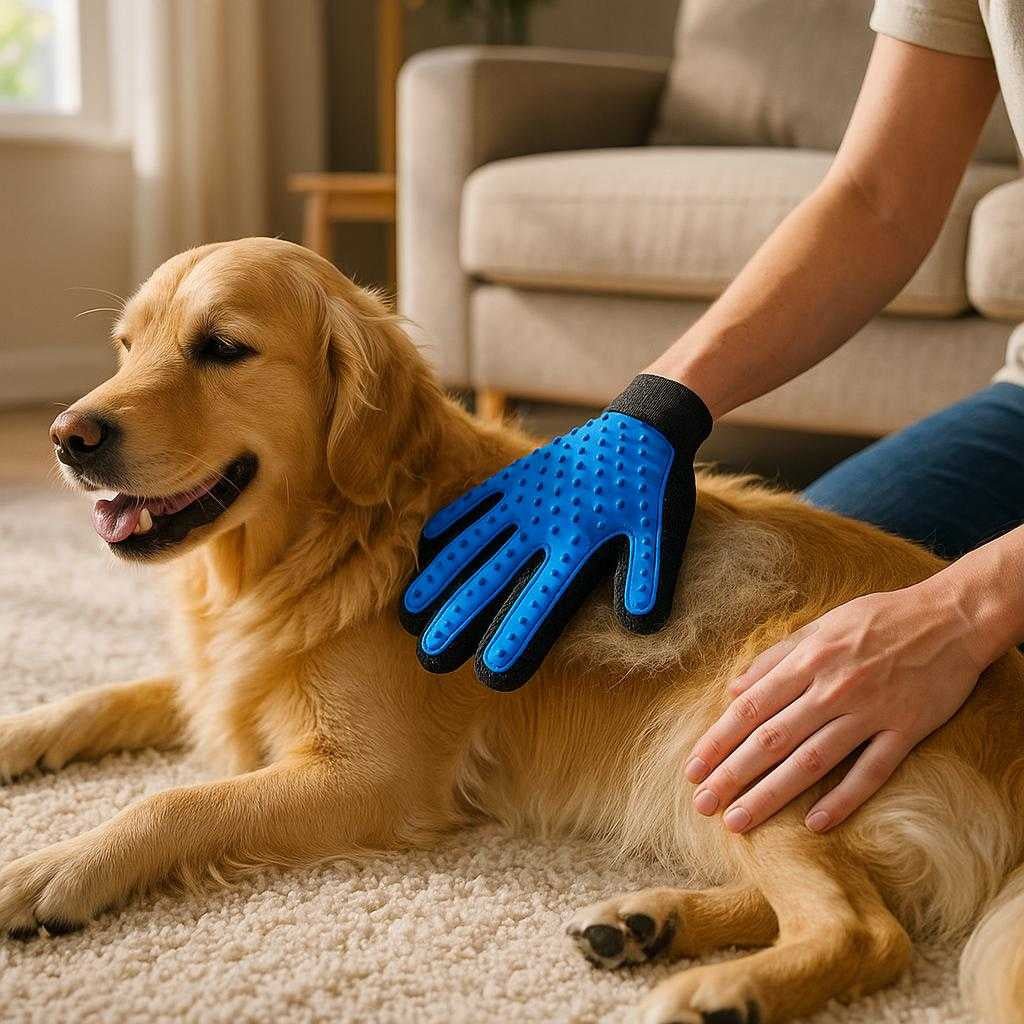 brstehandske-til-hunde-effektiv-pelsfjerning-og_15210218324355_scene1 Børstehandske til hunde - Effektiv pelsfjerning og blid massage i blå og lyserød: A realistic home living room setting where the product is properly grounded on a soft, plush rug, being actively used by a person gently massaging a golden retriever.