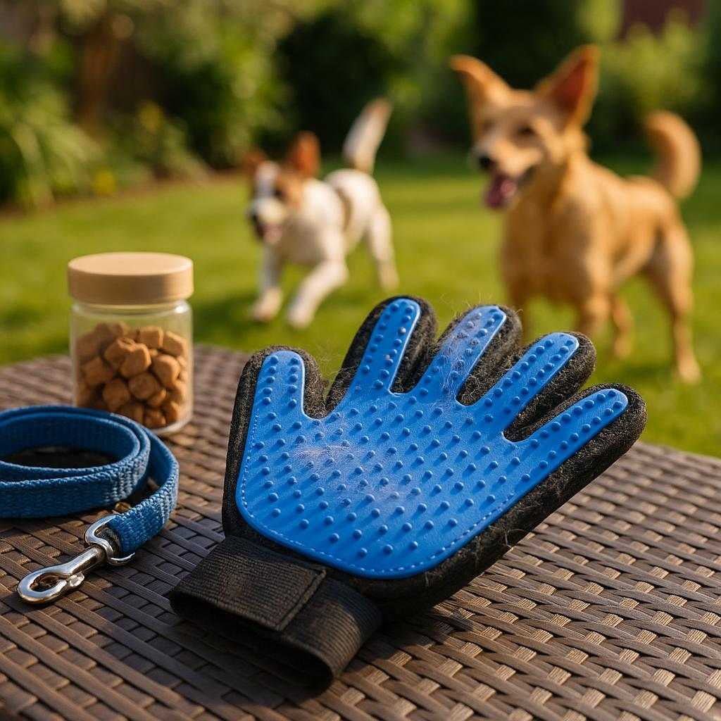 brstehandske-til-hunde-effektiv-pelsfjerning-og_15210218324355_scene2 Børstehandske til hunde - Effektiv pelsfjerning og blid massage i blå og lyserød: A different realistic garden or backyard setting where the product is securely positioned on an outdoor patio table, next to a dog leash and a small container of dog treats.