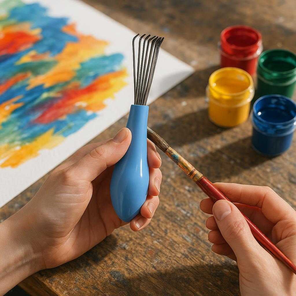 brsterenser-med-ergonomisk-hndtag-og-fleksible-metalbrster-tilgngelig-i-bl-lilla-lyserd-og-sort-placed-on-a-well-used-workshop_15234890498435_scene1 Børsterenser med ergonomisk håndtag og fleksible metalbørster - Tilgængelig i Blå, Lilla, Lyserød og Sort. Placed on a well-used workshop table, the brush cleaner with its ergonomic handle is being used by an artist to effortlessly remove dried paint from their delicate paintbrushes, surrounded by vibrant artwork and colorful paint pots under natural daylight.