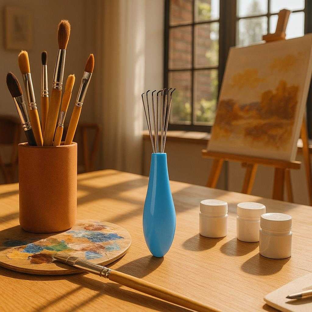 brsterenser-med-ergonomisk-hndtag-og-fleksible-metalbrster-tilgngelig-i-bl-lilla-lyserd-og-sort-set-in-a-modern-home_15234890498435_scene2 Børsterenser med ergonomisk håndtag og fleksible metalbørster - Tilgængelig i Blå, Lilla, Lyserød og Sort. Set in a modern home studio, the brush cleaner is neatly placed beside an assortment of art supplies, demonstrating its utility during an artist's productive afternoon canvas creation, with warm sunlight filtering through large windows.