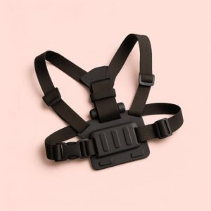 Enhanced Brystsele med Mobilholder - Justerbar og Robust til Aktiv Livsstil, Sort. The harness is displayed on a sleek, minimalist work desk, surrounded by tech gadgets and a steaming coffee cup, highlighting its versatility for both active outdoor adventures and urban everyday use.