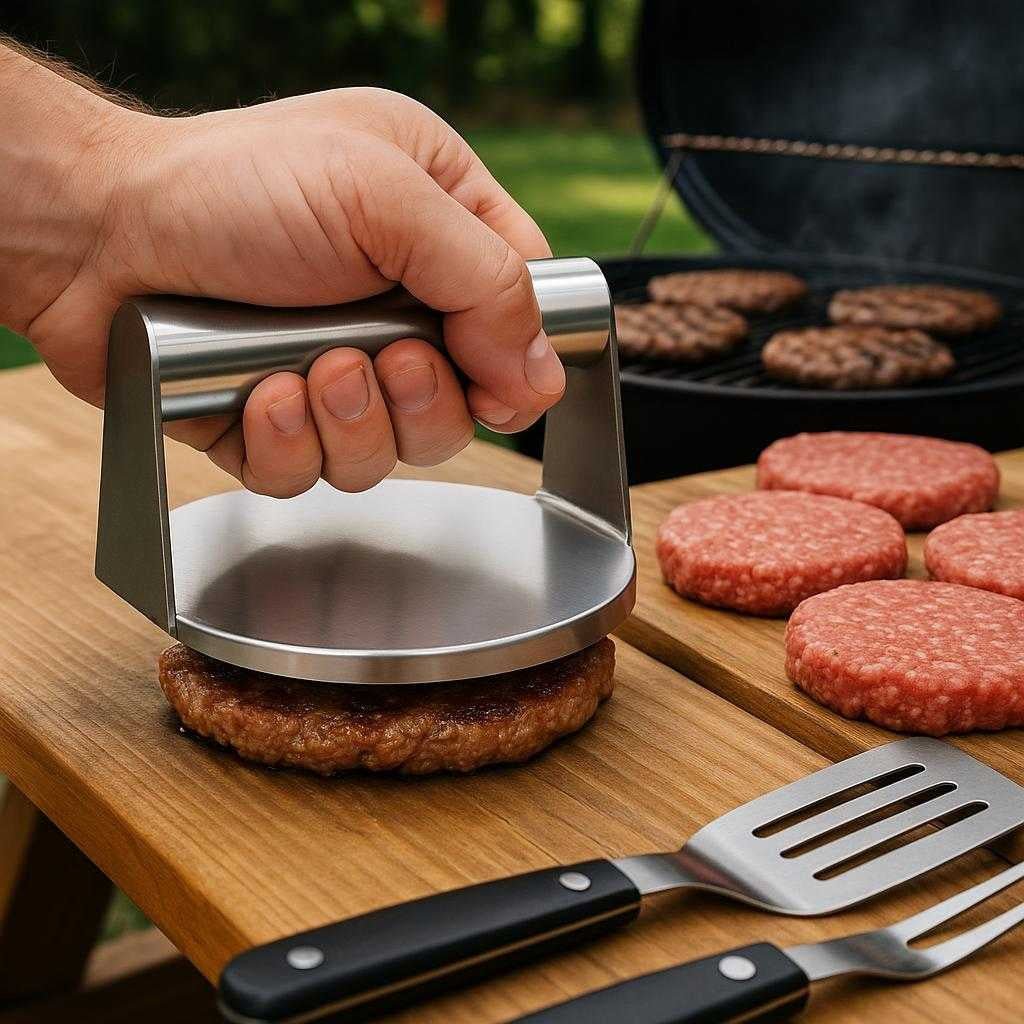 burgerpresser-i-rustfrit-stl-perfekt-til-saftige_15207518306691_scene2 Burgerpresser i Rustfrit Stål - Perfekt til Saftige og Ensartede Bøffer: A different realistic backyard barbecue setting where the burger press is securely positioned on a picnic table, naturally placed next to a barbecue grill alongside freshly made burger patties and grilling tools, with proper physics, shadows, and realistic integration into the outdoor environment.