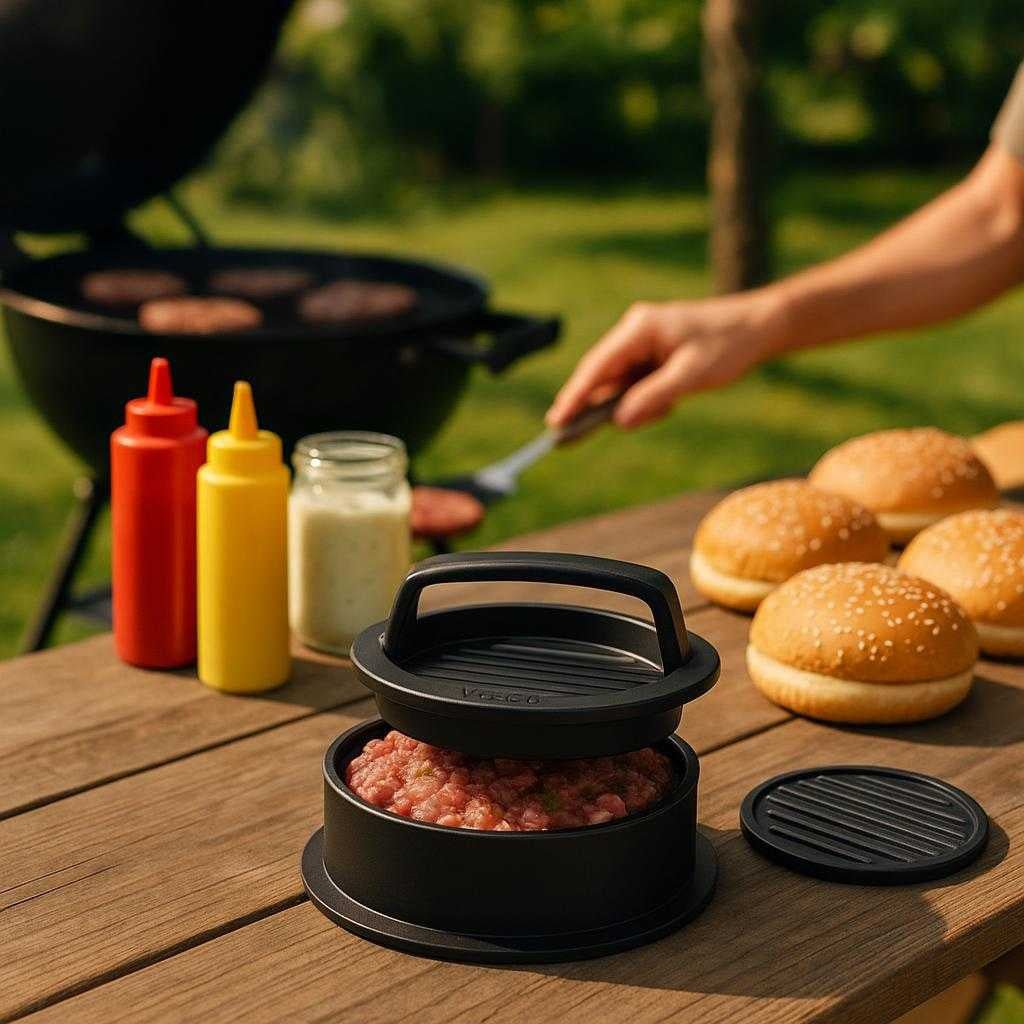 burgerpresser-med-fyld-professionel-hj-kvalitet_15061921071491_scene2 Burgerpresser Med Fyld - Professionel Høj Kvalitet til Fyldte Burgerbøffer Hjemme: A different realistic outdoor barbecue setting where the burger presser is securely positioned on a picnic table, filled with a mixture of minced meat and stuffing.