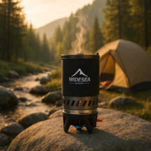 Campingkøkken med effektiv gasbrænder og gryde - Kompakt og letvægtsdesign til udendørs madlavning: A serene mountain campsite during dawn, where the compact camping kitchen is set on a smooth rock near a flowing stream.