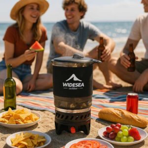 Campingkøkken med effektiv gasbrænder og gryde - Kompakt og letvægtsdesign til udendørs madlavning: A bustling beach picnic setting, where the camping kitchen is nestled on a sandy spot amidst a group of friends enjoying a sunny day out.