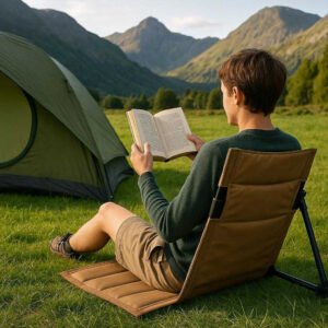 Campingrygstøtte i moderne design - Letvægt, nem at sætte op, tilgængelig i brun, beige, mørkegrøn og sort. The lightweight brown camping backrest is set up comfortably on a lush green campsite, with someone sitting back and enjoying a book beside a tent with mountains in the background.