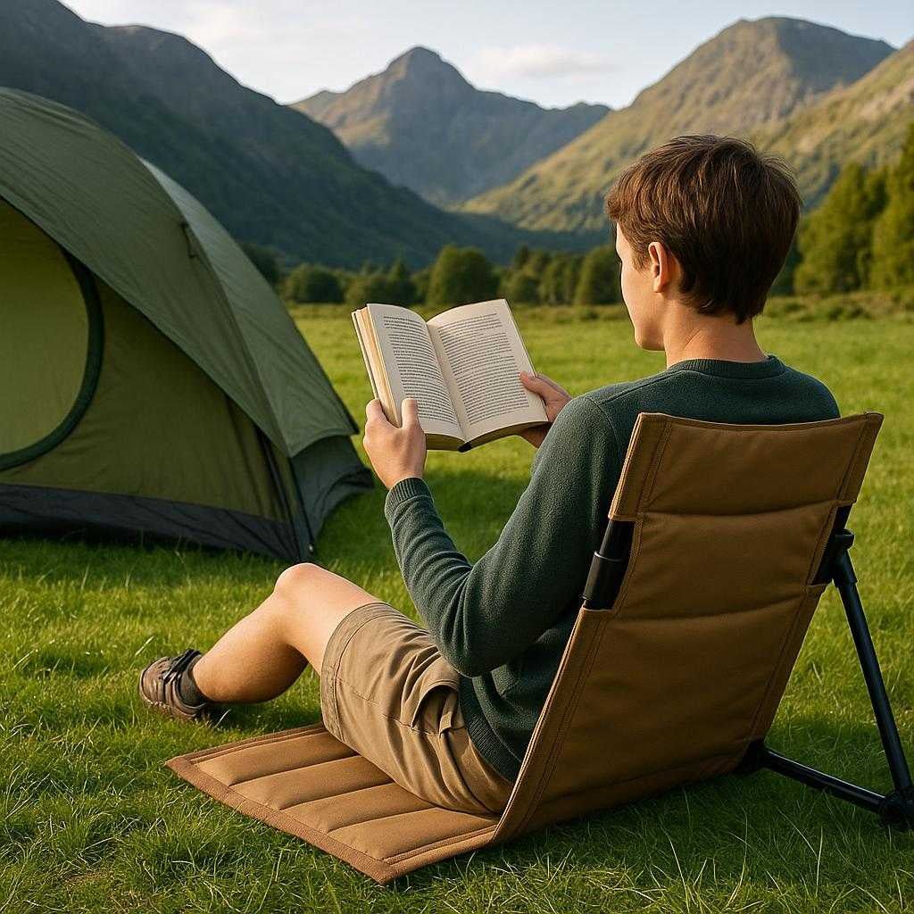 campingrygsttte-i-moderne-design-letvgt-nem-at-stte-op-tilgngelig-i-brun-beige-mrkegrn-og-sort-the-lightweight-brown-camping-backrest_15237038342531_scene1 Campingrygstøtte i moderne design - Letvægt, nem at sætte op, tilgængelig i brun, beige, mørkegrøn og sort. The lightweight brown camping backrest is set up comfortably on a lush green campsite, with someone sitting back and enjoying a book beside a tent with mountains in the background.