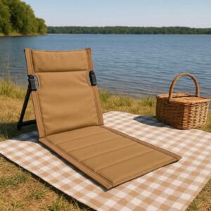 Campingrygstøtte i moderne design - Letvægt, nem at sætte op, tilgængelig i brun, beige, mørkegrøn og sort. The modern-design camping backrest in beige is placed near a serene lakeside, perfectly integrated with a picnic setup featuring a basket and checkered blanket, under a clear blue sky.