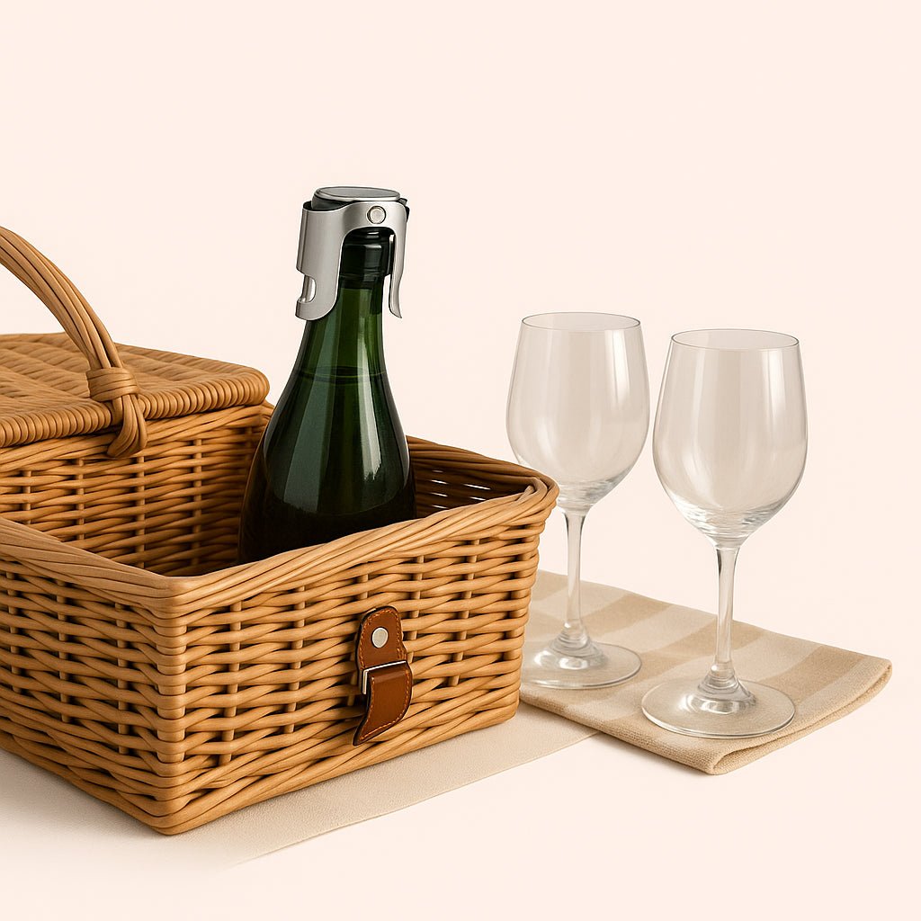 champagneprop-i-rustfrit-stl-elegant-og-funktionel-design-med-hj-kvalitet-til-champagneoplevelser-in-a-cozy-outdoor-picnic_15240385495427_scene2 Enhanced Champagneprop i Rustfrit Stål - Elegant og Funktionel Design med Høj Kvalitet til Champagneoplevelser. In a cozy outdoor picnic setup, the stainless steel champagne stopper keeps a bottle fresh, nestled in a chic basket with wine glasses, amidst a scenic vineyard landscape.