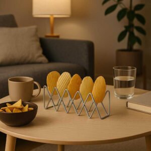 Chipsholder – Stilfuld, Funktionel og Holdbar Metalkonstruktion til Dine Snacks. A stylishly set coffee table with the Chipsholder in the center, neatly organizing an assortment of gourmet chips for a casual indoor gathering, surrounded by modern decor and ambient lighting.