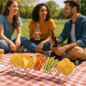 Chipsholder – Stilfuld, Funktionel og Holdbar Metalkonstruktion til Dine Snacks. The elegant Chipsholder with a functional and durable metal design is holding a variety of colorful chips and snacks during a lively outdoor picnic, with friends enjoying in the background on a sunny day.