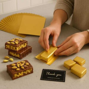 Chokolade bar Indpakninger i Guld Folie, 205stk - Fugtresistent og Professionelt Look: A realistic kitchen countertop where the product is properly grounded on the surface, being actively used by a person wrapping homemade chocolate bars with the gold foil.