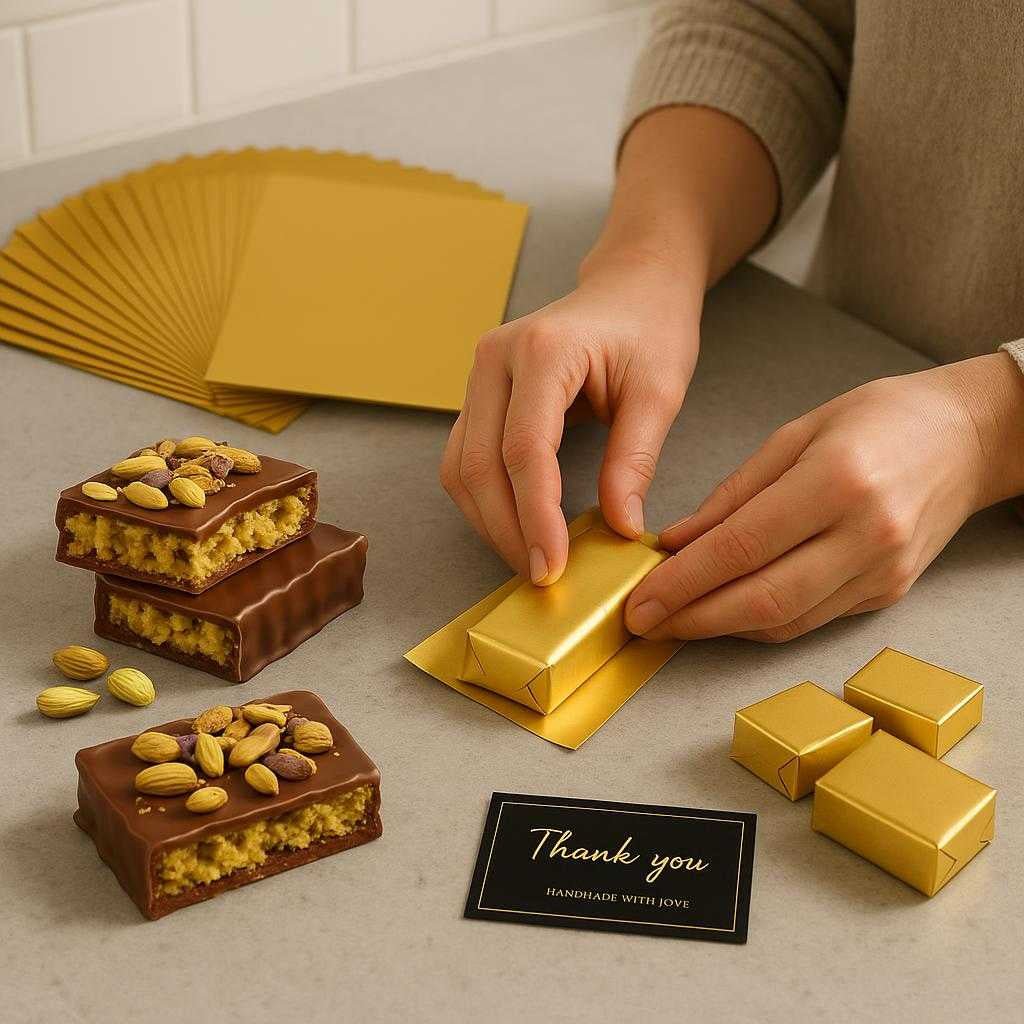 chokolade-bar-indpakninger-i-guld-folie-205stk-f_15383799792003_scene1 Chokolade bar Indpakninger i Guld Folie, 205stk - Fugtresistent og Professionelt Look: A realistic kitchen countertop where the product is properly grounded on the surface, being actively used by a person wrapping homemade chocolate bars with the gold foil.