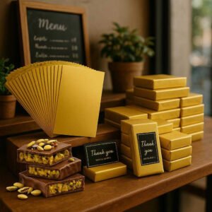 Chokolade bar Indpakninger i Guld Folie, 205stk - Fugtresistent og Professionelt Look: A different realistic cafe setting where the product is securely positioned on a wooden display shelf, with several chocolate bars elegantly wrapped in the gold foil, showcased for sale.