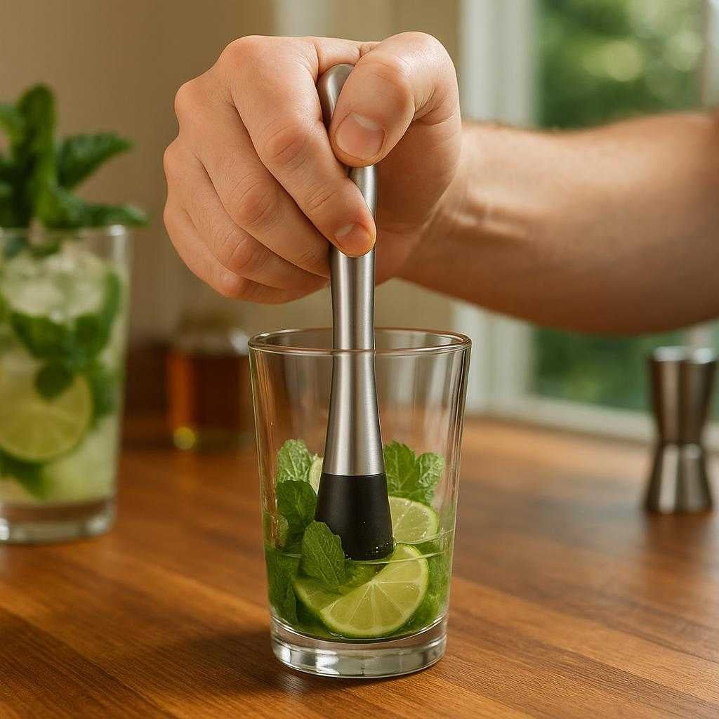 cocktailpind-i-rustfrit-stl-genanvendelig-og-sti_15212516180355_scene1 Cocktailpind i Rustfrit Stål - Genanvendelig og Stilfuld til Drinks og Appetizers, Tilgængelig i Sort og Sølv: A realistic home bar setting where the cocktail muddler is properly grounded on a wooden counter, being actively used by a person's hand to crush mint leaves and lime slices in a glass for a mojito.
