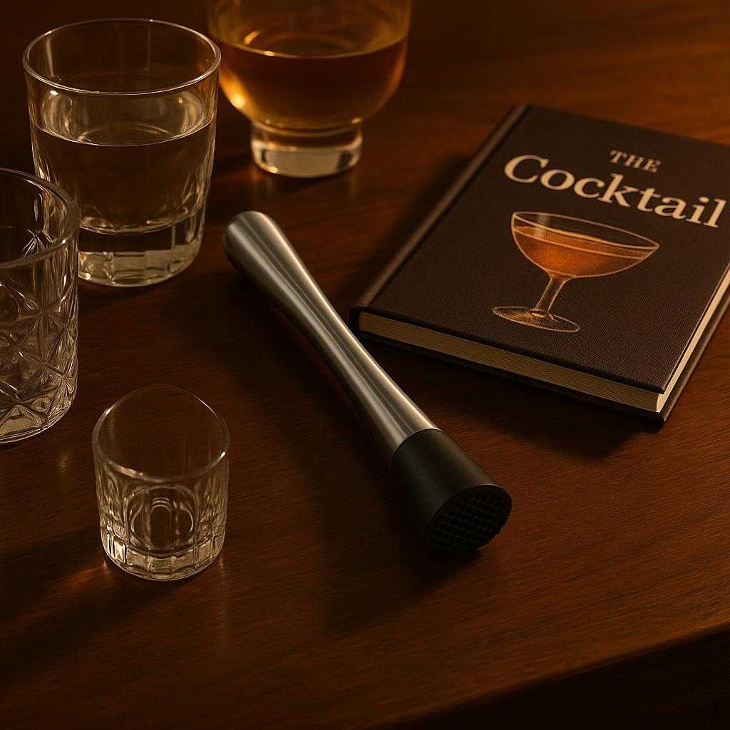 cocktailstder-i-rustfrit-stl-med-rillet-bund-professionel-hj-kvalitet-til-hjemmebaren-the-elegant-stainless-steel-cocktail_15251578847619_scene2 Cocktailstøder i Rustfrit Stål med Rillet Bund - Professionel Høj Kvalitet til Hjemmebaren. The elegant stainless steel cocktail muddler rests next to a stylish home bar setup, complete with glasses and a cocktail recipe book, under warm ambient lighting.