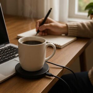Coffee USB kopvarmer i sort plast - Moderne design til kontor og hjem, nem at bruge og USB-drevet: A realistic cozy home office setting where the Coffee USB warmer is properly grounded on a wooden desk, being used to keep a ceramic mug of steaming coffee warm.