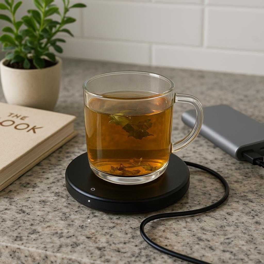 coffee-usb-kopvarmer-i-sort-plast-moderne-design_15213256475011_scene2 Coffee USB kopvarmer i sort plast - Moderne design til kontor og hjem, nem at bruge og USB-drevet: A different realistic modern kitchen setting where the Coffee USB warmer is securely positioned on a granite counter, being used to keep a glass cup of herbal tea hot.