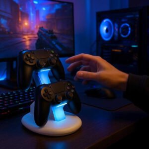 Controller oplader med LED til 2 controllere i hvid og sort - Avanceret design. In a modern gaming room, the white and black LED controller charger securely holds two game controllers, illuminating them with a subtle blue glow while a gamer reaches for one during an intense gaming session.