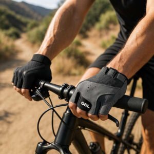 Cykelhandsker med Gelpuder - Sort og Grå - Åndbare, Komfortable Egnet til Sommer & Vinter: A realistic outdoor cycling setting on a sunlit mountain trail, where the gloves are properly grounded on the handlebars of a bicycle, being actively used by a cyclist.