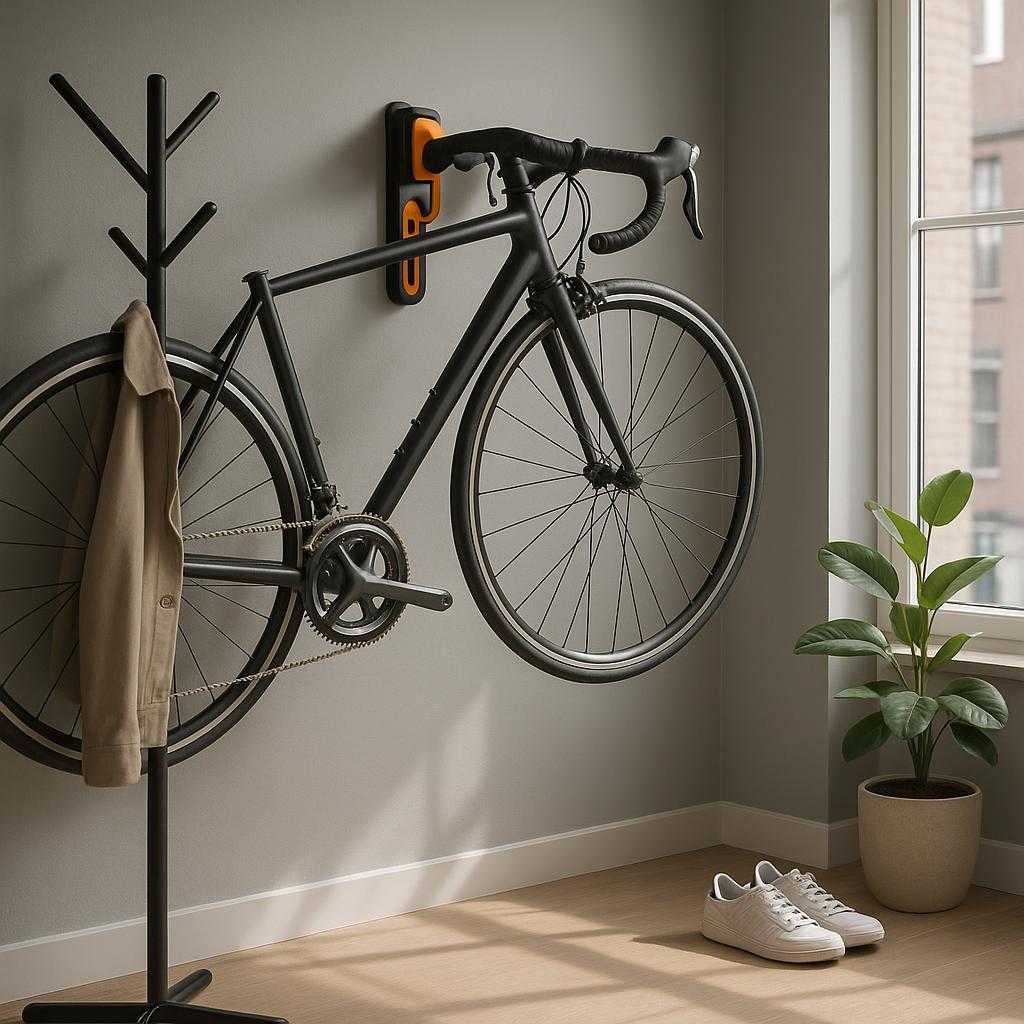 cykelholder-til-vg-justerbar-og-pladsbesparende-lsning-i-fire-farver-a-modern-urban-apartment-entryway_15230506664323_scene1 Cykelholder til væg - Justerbar og pladsbesparende løsning i fire farver. A modern urban apartment entryway, where the bike holder is securely mounted on a soft gray wall next to a stylish coat rack. A sleek road bike is effortlessly hung on the holder, showcasing its sturdy support and space-saving design. Natural light floods through a large window, casting gentle shadows on the floor. Nearby, a potted plant and a pair of sneakers add a touch of warmth and livability to the scene.