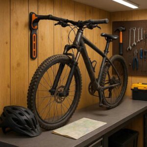 Cykelholder til væg - Justerbar og pladsbesparende løsning i fire farver. A well-organized home garage, where the bike holder is attached to a wooden wall next to various neatly arranged tools and equipment. A rugged mountain bike is firmly held, demonstrating the holder's versatility and durability. The lighting is practical, with bright overhead fixtures illuminating the vibrant colors of the holder. A helmet and a rolled-up map are placed on a workbench, suggesting preparedness for the next adventure.