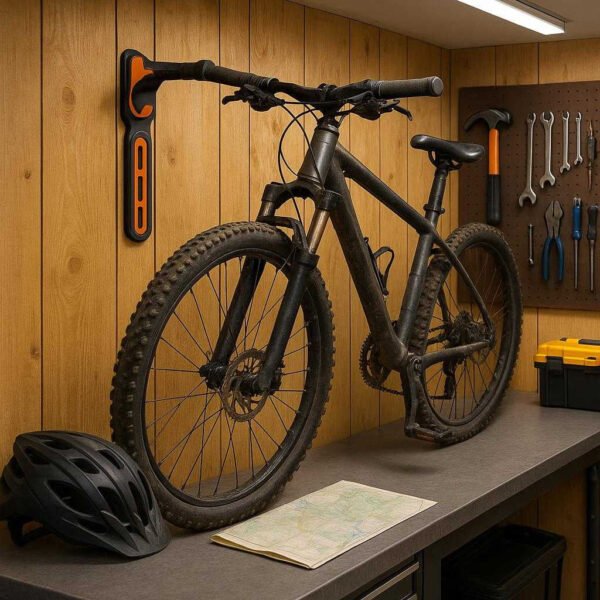 Cykelholder til væg - Justerbar og pladsbesparende løsning i fire farver. A well-organized home garage, where the bike holder is attached to a wooden wall next to various neatly arranged tools and equipment. A rugged mountain bike is firmly held, demonstrating the holder's versatility and durability. The lighting is practical, with bright overhead fixtures illuminating the vibrant colors of the holder. A helmet and a rolled-up map are placed on a workbench, suggesting preparedness for the next adventure.