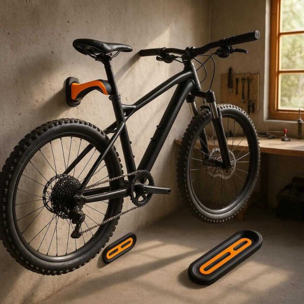 Cykelholder til væg - Justerbar og pladsbesparende løsning i fire farver: A realistic garage workshop where the product is properly grounded on a concrete wall, being actively used to support a mountain bike.