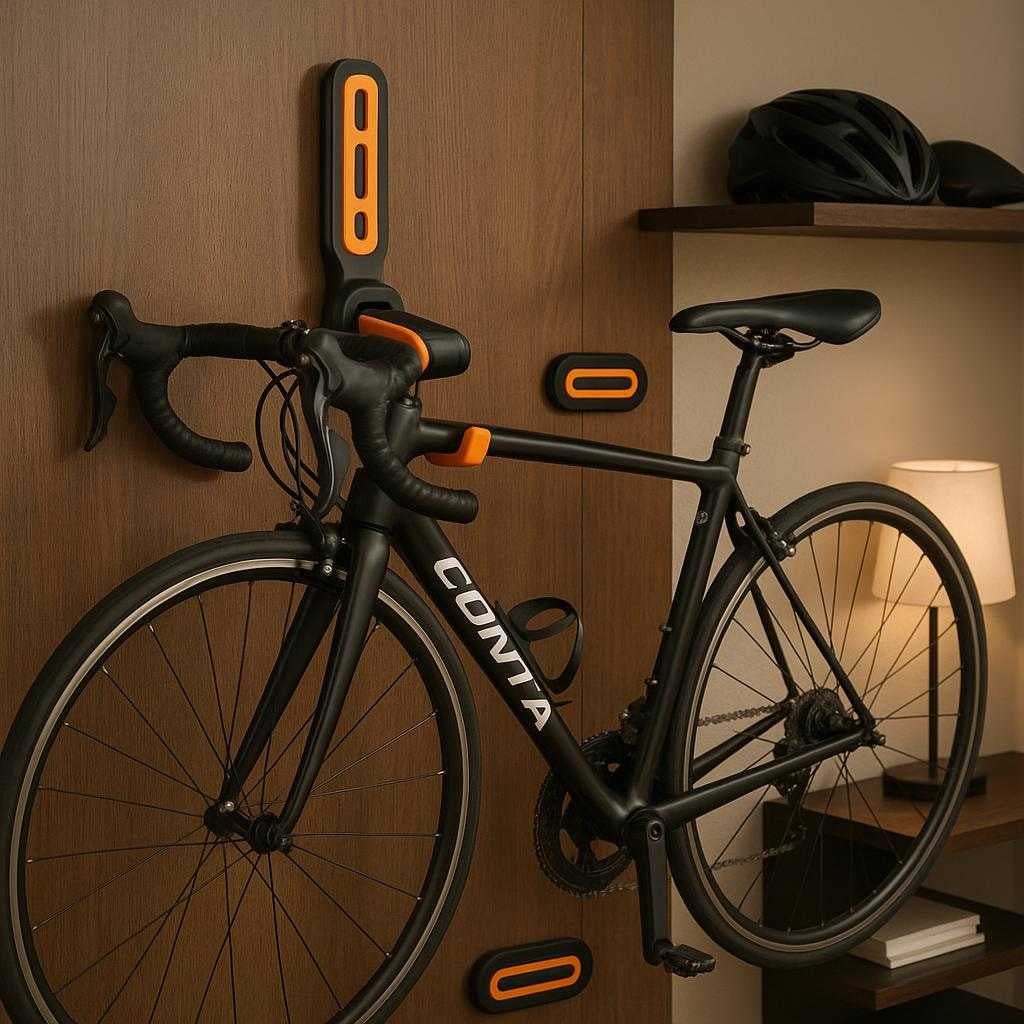 cykelholder-til-vg-justerbar-og-pladsbesparende_15230506664323_scene2 Cykelholder til væg - Justerbar og pladsbesparende løsning i fire farver: A different realistic urban apartment setting where the product is securely positioned on a wooden wall in a living room, being used to hold a road bike elegantly.
