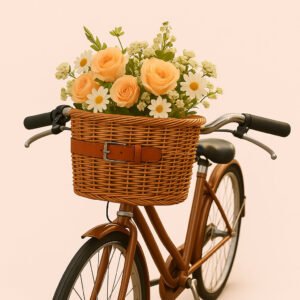 Enhanced Cykelkurv i Flettet Rattan med Læderrem til Foran og Børn - Høj Kvalitet. A charming rattan bicycle basket securely fastened to the front of a vintage bicycle, filled with fresh flowers as it cruises through a sunlit park path.