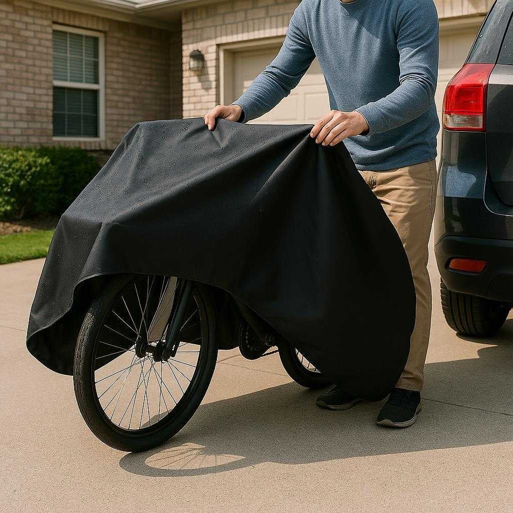 cykelovertrk-sort-vandafvisende-stof-perfekt-til_15240334836099_scene1 Cykelovertræk Sort - Vandafvisende Stof, Perfekt til Bil og Anhængertræk: A realistic suburban driveway where the black bike cover is properly grounded on the concrete ground, securely covering a bicycle parked near a car.