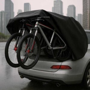 Cykelovertræk til Anhængertræk og Bil – Slidstærkt og Vandafvisende Overtræk til To Cykler. The waterproof bike cover envelops two bicycles mounted on a car in an urban setting, with city skyscrapers in the background, highlighting protection from dirt and rain.