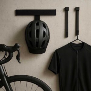 Cykelstrop med Velcro – Justerbar og Sikker Fastgørelse til Cykeludstyr i Høj Kvalitet. The versatile Cykelstrop with Velcro is showcased in a garage setting, neatly securing a helmet to the wall alongside other cycling gear for an organized storage solution.
