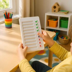 Daglig Visuel To-Do Liste til Børn med Skydeknapper - Høj Kvalitet og Pædagogisk Design: A realistic, colorful children's playroom where the to-do list is properly grounded on a child's desk, being actively used by a child.
