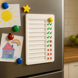 Daglig Visuel To-Do Liste til Børn med Skydeknapper - Høj Kvalitet og Pædagogisk Design: A different realistic kitchen setting where the to-do list is securely positioned on a refrigerator door, attached with magnets.