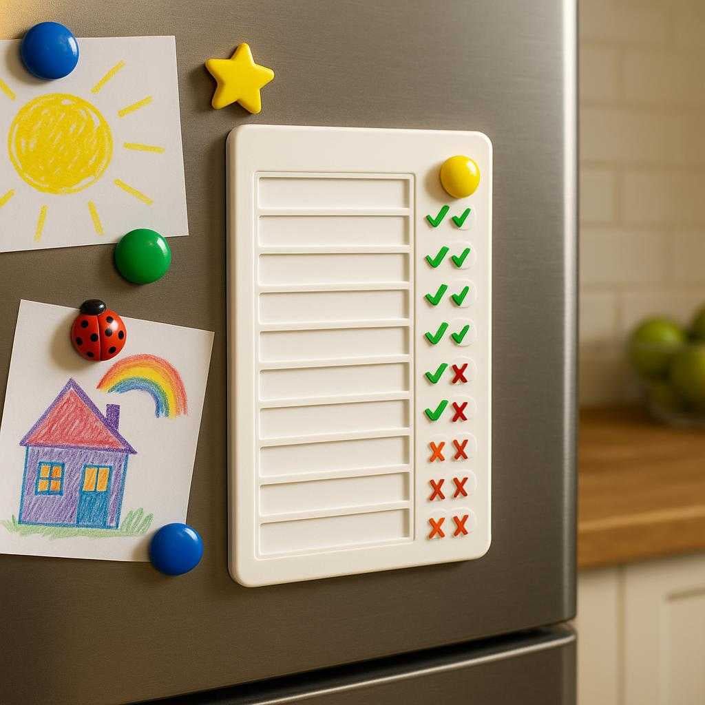 daglig-visuel-to-do-liste-til-brn-med-skydeknapper_15061932835203_scene2 Daglig Visuel To-Do Liste til Børn med Skydeknapper - Høj Kvalitet og Pædagogisk Design: A different realistic kitchen setting where the to-do list is securely positioned on a refrigerator door, attached with magnets.