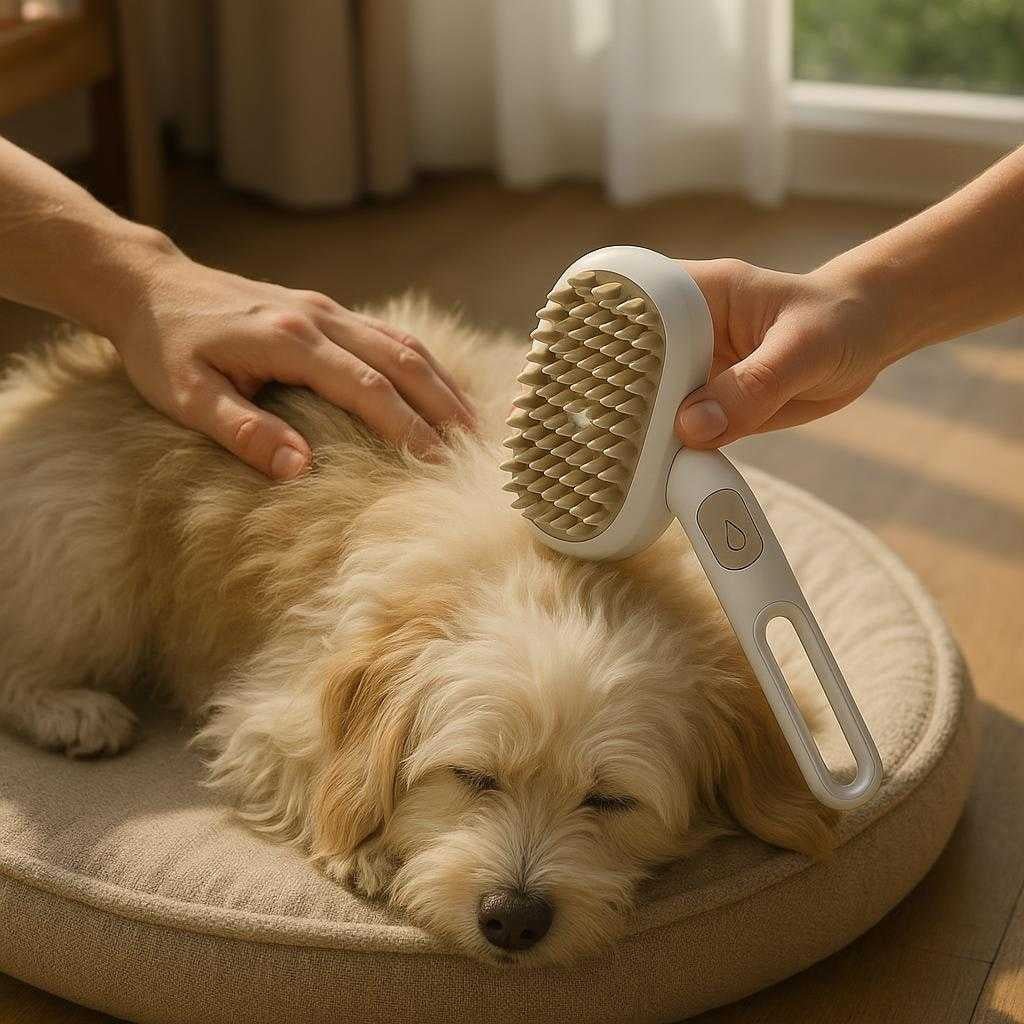 dampbrste-til-kledyr-effektiv-pelspleje-og-rengrin_15061933687171_scene1 Dampbørste til kæledyr: Effektiv pelspleje og rengøring i hvid og beige: A realistic living room setting where the pet brush is properly grounded on a comfortable pet bed, being actively used by hands grooming a fluffy dog's coat, with natural lighting coming through a nearby window, casting realistic shadows and showing clear contact points where the brush touches the dog's fur.
