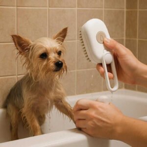Dampbørste til kæledyr: Effektiv pelspleje og rengøring i hvid og beige: A different realistic bathroom setting where the pet brush is securely positioned on the edge of a bathtub, being used differently to rinse off a small dog's coat, with proper physics, shadows from a bright overhead light, and realistic integration into the environment, showing water droplets and the bathroom's tiled background.