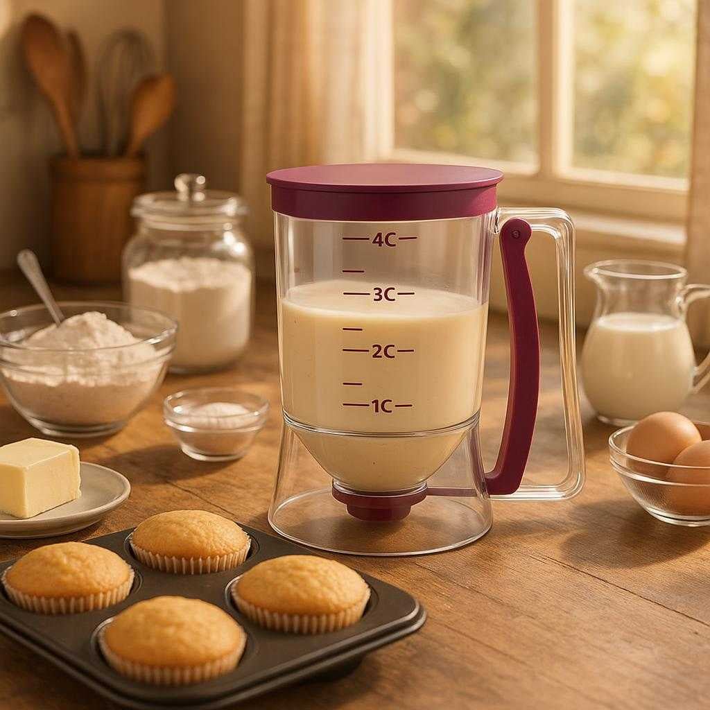 dejdispenser-med-prcis-dosering-og-mleskala-900-ml-professionel-hj-kvalitet-i-gennemsigtig-plast-med-lilla-detaljer-in-a-cozy-home-baking_15245484097923_scene2 Dejdispenser med Præcis Dosering og Måleskala - 900 ml Professionel Høj Kvalitet i Gennemsigtig Plast med Lilla Detaljer. In a cozy home baking setting, the elegant dispenser stands prominently on a counter alongside various baking ingredients, with sunlight streaming through a window onto freshly baked cupcakes.