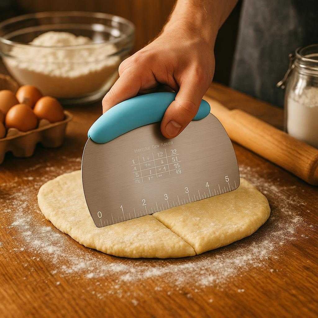 dejskrer-i-rustfrit-stl-med-mleenheder-og-farvet-greb-hj-kvalitet-og-ergonomisk-design-in-a-bustling-kitchen-the_15245510082947_scene1 Dejskærer i Rustfrit Stål med Måleenheder og Farvet Greb - Høj Kvalitet og Ergonomisk Design. In a bustling kitchen, the stainless steel dough cutter with a colorful handle efficiently slices through fresh dough on a wooden countertop, with baking ingredients and utensils visible around.
